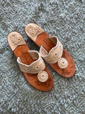 Jack Rogers Beige and Brown Leather Slide Sandals